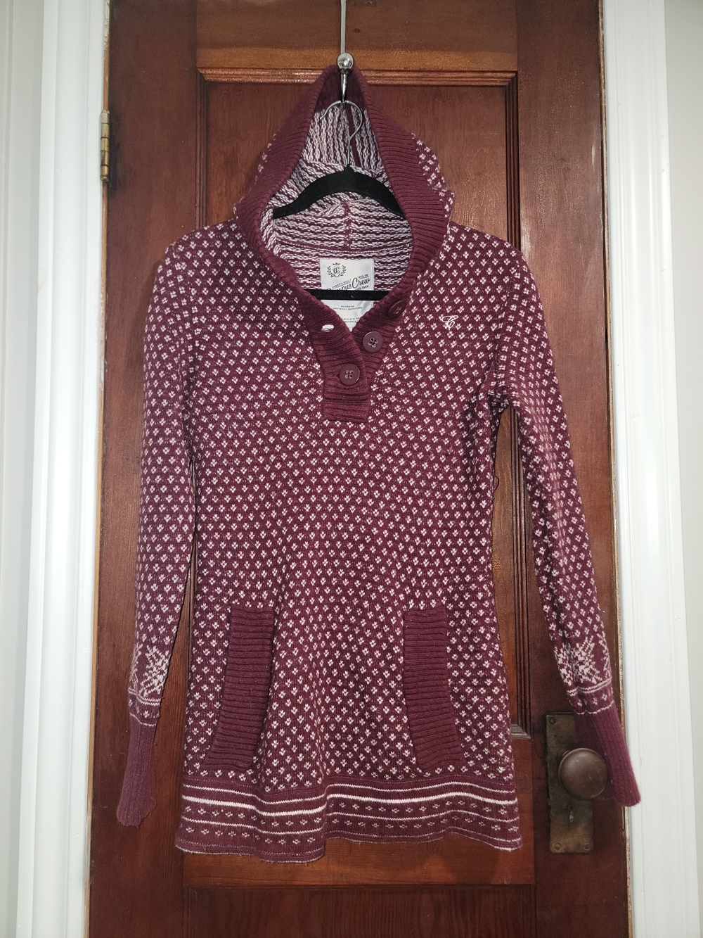 Campus Crew Hooded Maroon Burgundy Knit Sweater Cotton Angora Blend